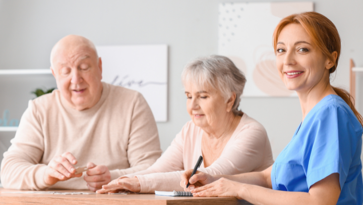 a nurse taking care from a senior couple